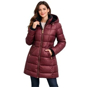 Calvin Klein Women’s Packable Down Puffer Coat Burgundy Hooded Size L Mint Condi